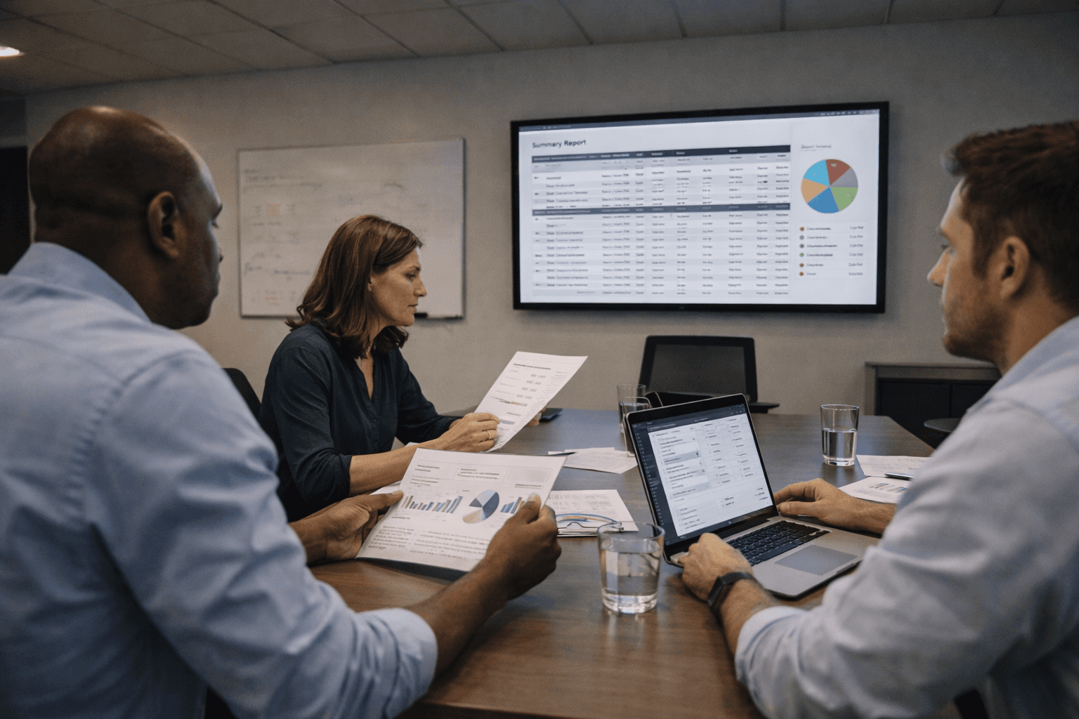 Team reviewing reports in a conference room